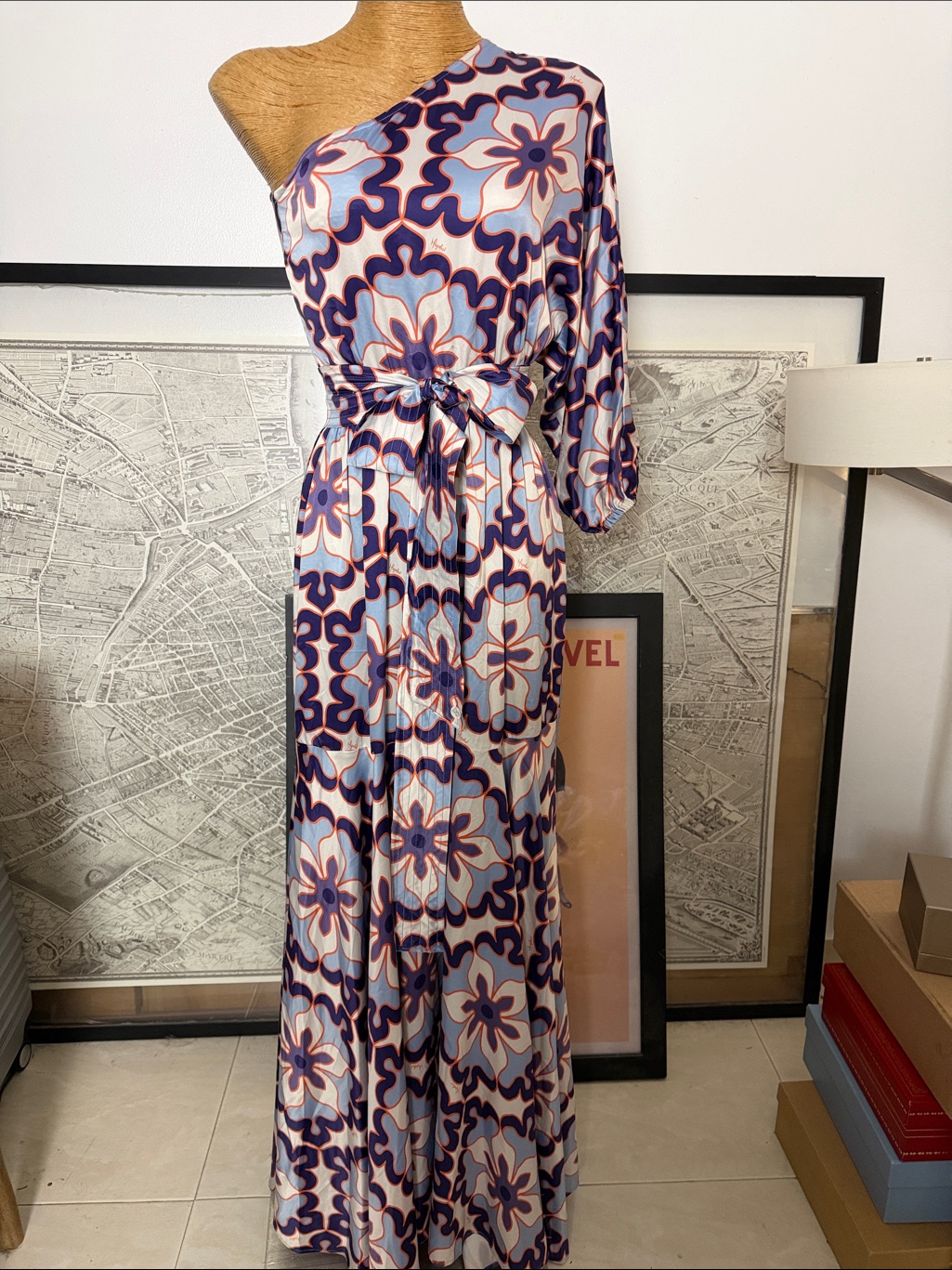 One-Shoulder Floral Maxi Dress In Blue And Purple